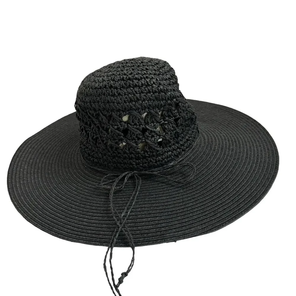 JONES NEW YORK Black Paper Straw Hat One Size Crochet Boho Wide Brim